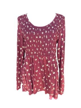 American Eagle Outfitters Burgundy Floral Smocked Long-Sleeve Tunic Size XL